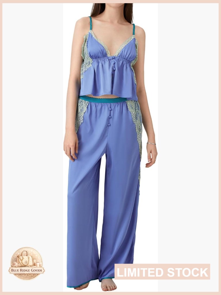 Satin Silk Pajama Set Lace Trim Babydoll Cami Top Lounge Pants Sleepwear